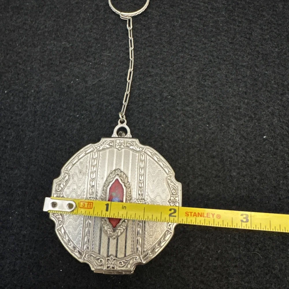 Antique Art Deco Silver Blue Guilloche Enamel Fob Chain Puff Dance Compact